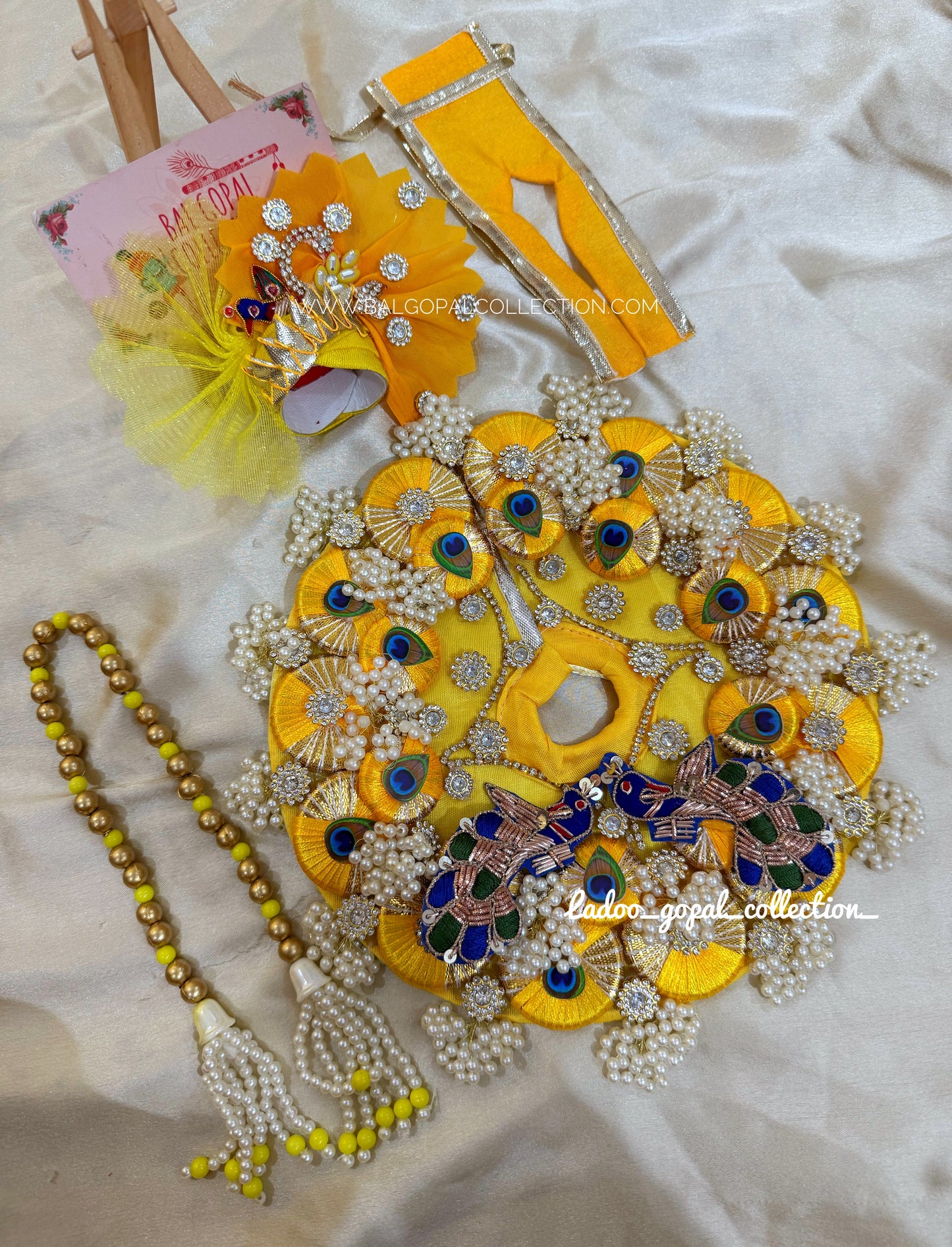 Heavy work yellow peacock poshak for laddu gopal