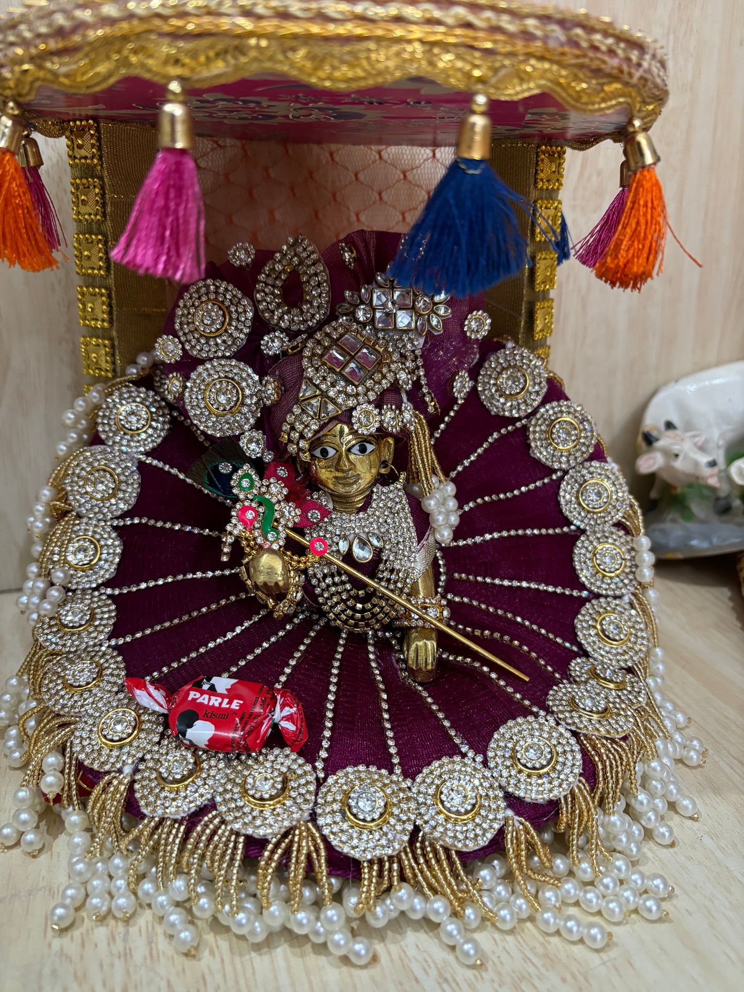 Wine color heavy poshak with pagdi and mala for laddu gopal