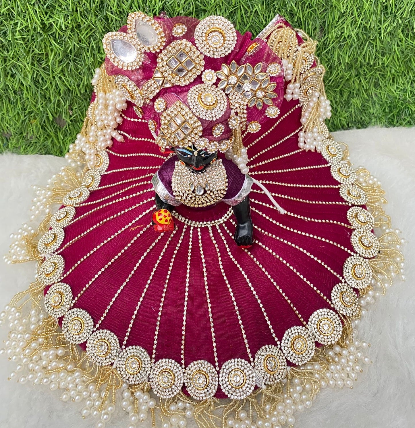 Wine color heavy poshak with pagdi and mala for laddu gopal