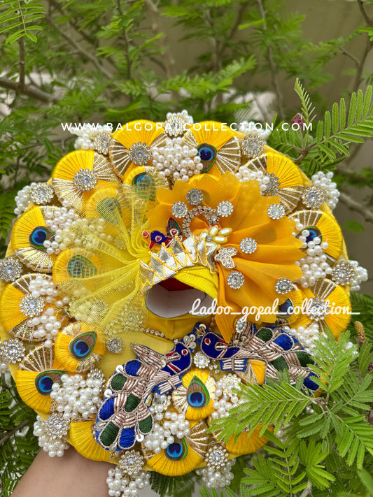 Heavy work yellow peacock poshak for laddu gopal
