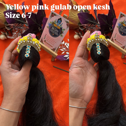 Heavy Yellow Pink Gulab open Kesh for Radha Rani (6–7) | Deity Hair Accessory