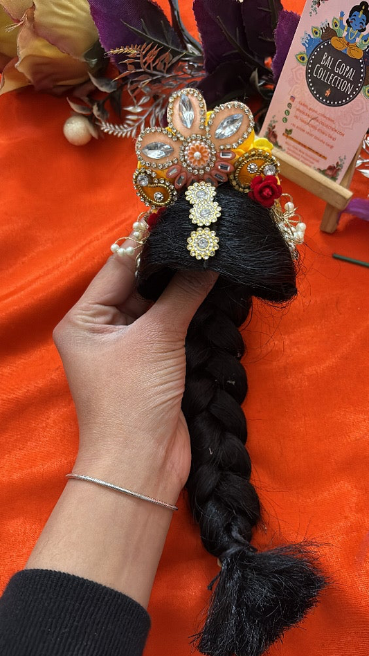 Heavy Designer Yellow Rose Kesh Choti for Radha Rani (Size 7) | Deity Shringar