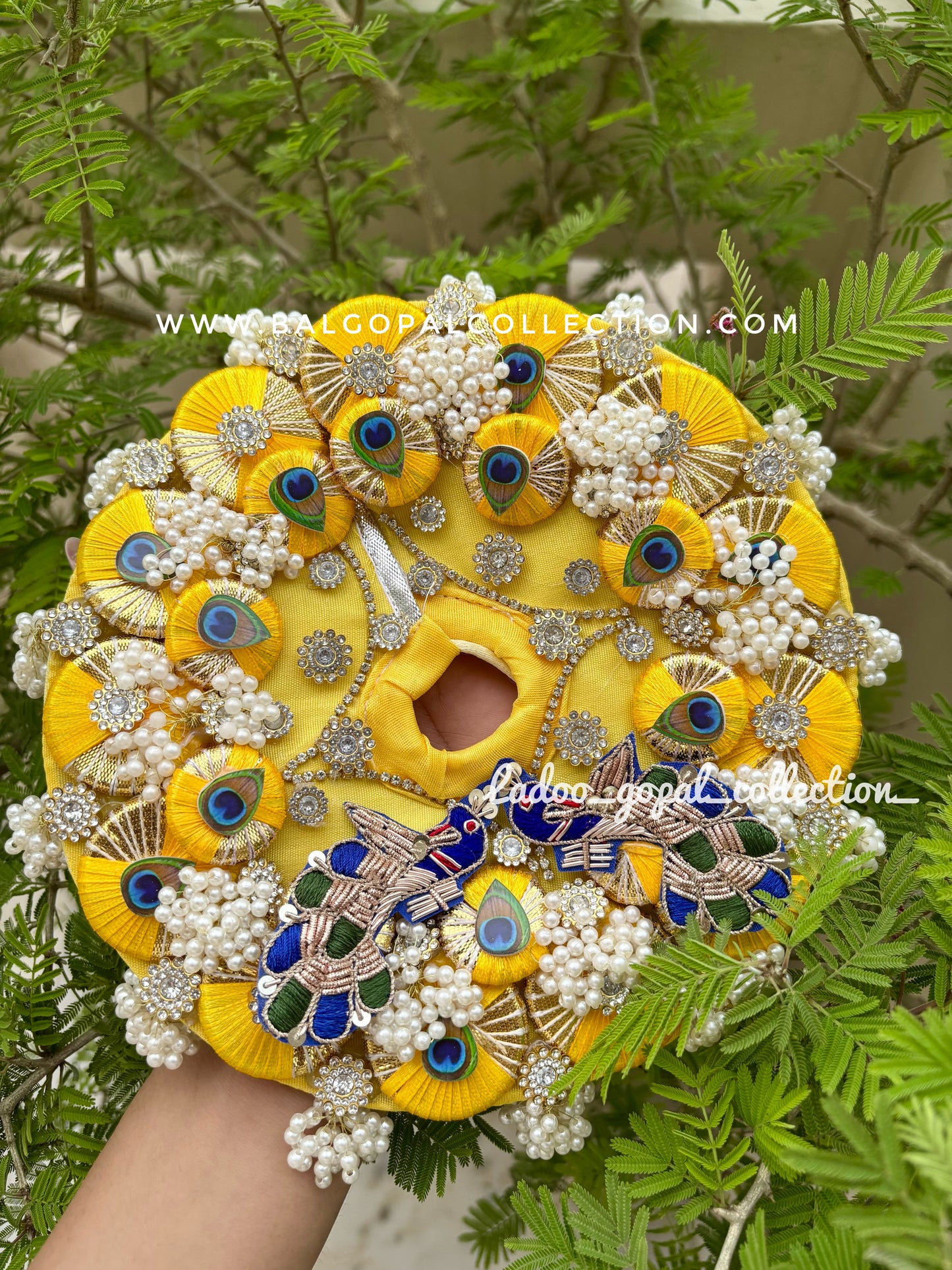 Heavy work yellow peacock poshak for laddu gopal