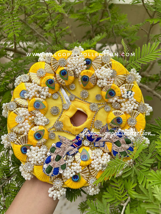 Heavy work yellow peacock poshak for laddu gopal
