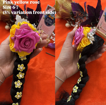 Heavy Yellow Pink Rose Kesh Choti for Radha Rani (6–7) | Deity Hair Accessory